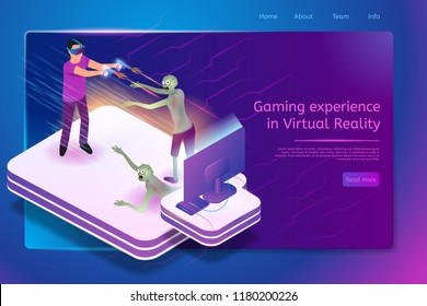 Gaming Experience in Virtual Reality Isometric Web Banner with Man in VR Glasses, Shooting Zombies with Pistols while Playing Console Video Game. Gaming Company Landing Page Template with Hyperlinks