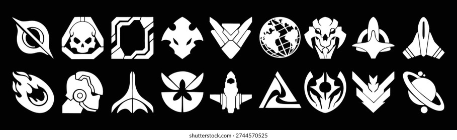 Gaming and fantasy ability icons set isolated on black background. Magic spells weapons shields and elemental symbols in bold white silhouette style. Flat vector RPG icon collection.