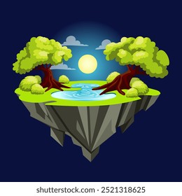 Gaming fantasy island in flat design. Platform with magic night forest with lake. Vector illustration isolated.