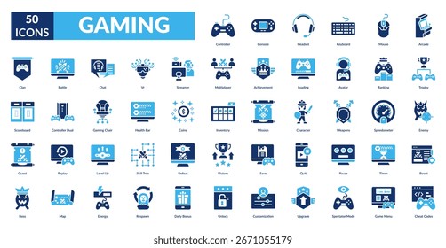 GAMING fill icon set. Controller, Console, Headset, Keyboard, Mouse, Arcade, Trophy