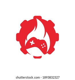 Gaming fire gear shape concept logo icon designs vector. game pad with a fire for gaming logo	