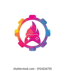 Gaming fire gear shape concept logo icon designs vector. game pad with a fire for gaming logo