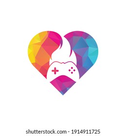 Gaming fire heart shape concept logo icon designs vector. game pad with a fire for gaming logo