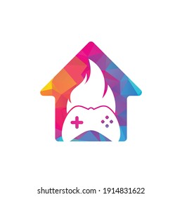 Gaming fire home shape concept logo icon designs vector. game pad with a fire for gaming logo	