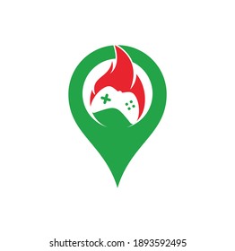 Gaming fire map pin shape concept logo icon designs vector. game pad with a fire for gaming logo	