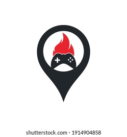 Gaming fire map pin shape concept logo icon designs vector. game pad with a fire for gaming logo