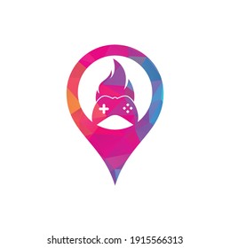 Gaming fire map pin shape concept logo icon designs vector. game pad with a fire for gaming logo