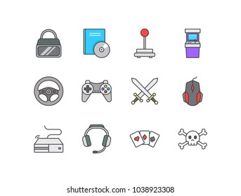 Gaming flat line colored icons set with vr glasses, cd, joystick, arcade machine, gamepad, swords, computer mouse, console, headphones, cards, skull.