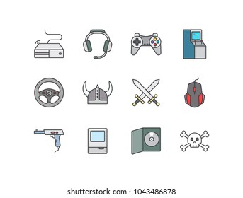 Gaming flat line colored icons set with video console, headset, gamepad, arcade machine, steering wheel, Viking helmet, battle, computer mouse, cd, horror.