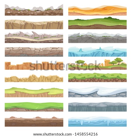 Gaming floor. Asset texture different ground from stones ice dirt landscape seamless vector background. Snow and earth foreground for game illustration