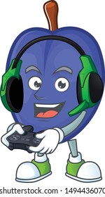 Gaming fruit prunes cartoon on white background.