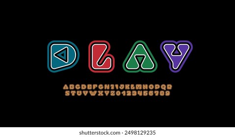 Gaming futuristic font tech alphabet made game console style, childish letters and numbers vector illustration 10EPS