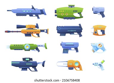 Gaming futuristische Waffe Set Vektorgrafik flach. Game Blaster Weltraum Aliens Laser Gewehre und Gewehre Kinder spielen isoliert. Spielzeugpistolen mit Handgewehr für das automatische Kampfgerät
