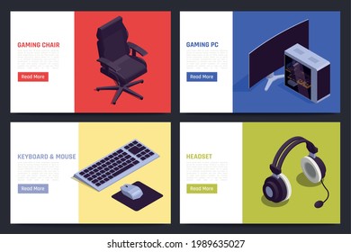 Gaming gadgets banners set with headset symbols isometric isolated vector illustration