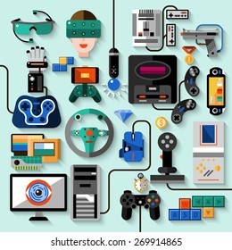 Gaming gadgets computer play technologies icons set isolated vector illustration