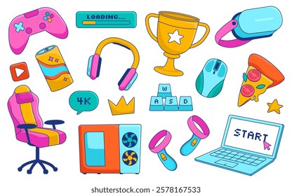 Gaming gadgets, gamer accessories and streamer supplies, furniture, goblet cup achievements award snack and drink for break isolated cartoon set. Cyber sport game-related objects vector illustration