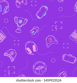 Gaming gadgets seamless pattern, outline. Esports, pc and console games, virtual reality themes