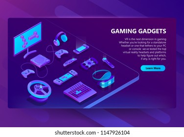 Gaming gadgets vector isometric concept background. Modern devices for video games, headset and glasses for virtual reality, equipment for gamers, joysticks, keypad. Banner for web site with button