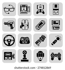 Gaming gadgets video player technologies black set isolated vector illustration