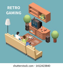 Gaming gamers isometric composition with images of domestic room furniture with television game device and people vector illustration