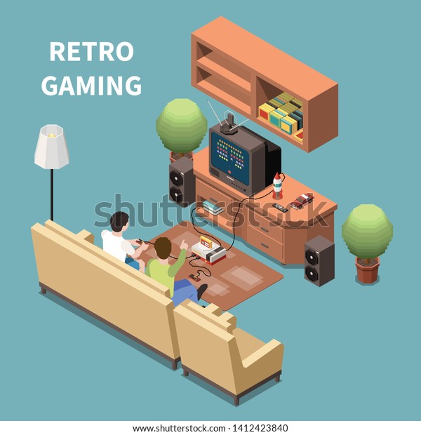 Gaming gamers isometric composition with\
images of domestic room furniture with television game device and\
people vector\
illustration