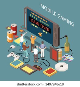 Gaming gamers isometric composition with smartphone image small characters of people and joysticks cartridges compact disks vector illustration