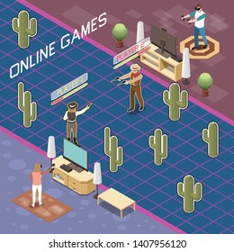 Gaming gamers isometric composition with view of people playing battle game with wearable accessories and text vector illustration