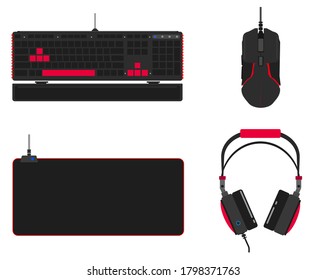 Gaming Gear Combo Set  Headphone, Mouse, Keyboard , Mouse Pad :  Vector  Icon