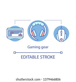 Gaming gear concept icon. E sports accessories. Gamer equipment. Keyboard, headset, gaming mouse. Video game devices idea thin line illustration. Vector isolated outline drawing. Editable stroke