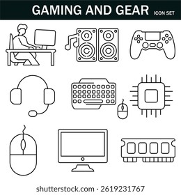Symbolsatz für Gaming-Ausrüstung.  Lineare Symbolsammlung. Bearbeitbarer Strich. Vektorgrafik. EPS 10.