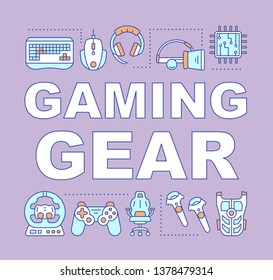 Gaming gear word concepts banner. Esports accessories. Video game devices. Gamer equipment. Presentation, website. Isolated lettering typography idea with linear icons. Vector outline illustration