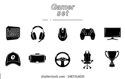 Gaming Glyph Icon Set. Esports Equipment. Computer Game Devices. Silhouette Symbols. Negative Space. Vector Isolated Illustration