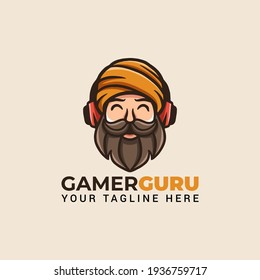 Gaming guru man with beard mascot cartoon with gamer headphones logo