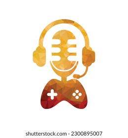 Auriculares para juegos y controlador con plantilla de diseño del logotipo del micrófono podcast.