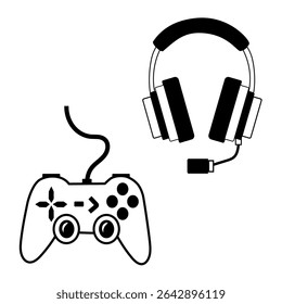 Gaming headset accessory. Controller gamepad device. Entertainment vector setup. Modern technology gear.