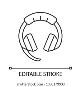 Gaming headset linear icon. Esports equipment. Computer headphones with microphone. Game device. Thin line illustration. Contour symbol. Vector isolated outline drawing. Editable stroke