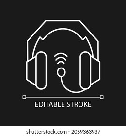 Gaming headset white linear icon for dark theme. E sports equipment. Headphones connected to pc. Thin line customizable illustration. Isolated vector contour symbol for night mode. Editable stroke