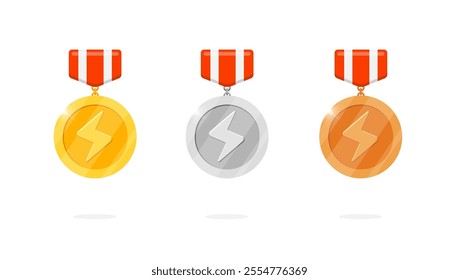 Gaming honor achievement hanging medal badges with shine lightning bolt symbol. Gold, silver, bronze ranking medallions. Video game app interface design element. Leader bonus and winner place icon kit