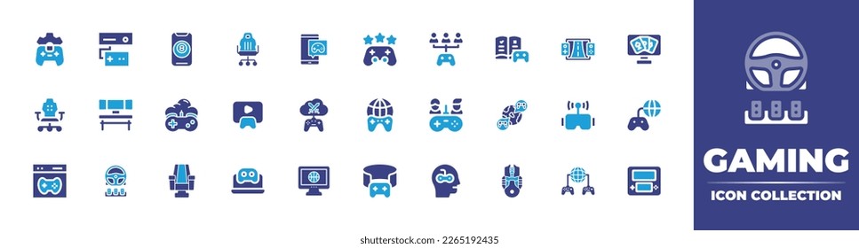 Gaming icon collection. Duotone color. Vector illustration. Containing online gaming, chair, console, vr gaming.