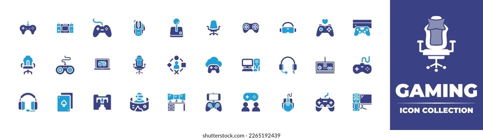 Gaming icon collection. Duotone color. Vector illustration. Containing controller, computer mouse, game control, game controller, gamepad, user experience, gaming chair, pc game, gamer.