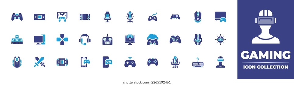 Gaming icon collection. Duotone color. Vector illustration. Containing online game, gaming chair, game console, gamepad, controller, headset, joystick, computer, wasd, videogame, mobile game, gaming.