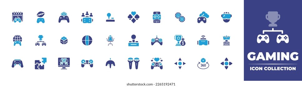 Gaming icon collection. Duotone color. Vector illustration. Containing joystick, virtual reality, gaming, calendar, gaming chair, network, dice, tournament, online, game console, game controller.