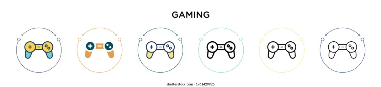 Gaming icon in filled, thin line, outline and stroke style. Vector illustration of two colored and black gaming vector icons designs can be used for mobile, ui, web