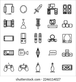 Gaming Icon in Line Style for any Purpose, Perfect for Use in Game or Persentation and Onether use, Earphone, Coin, Sword, PC, Gamepad, Console, Controller.