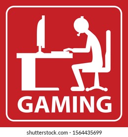 gaming icon, person siting in front of computer, gamer concept, vector illustration