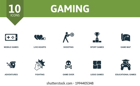 Spielsymbol eingestellt. Enthält bearbeitbare Symbole Videospiele Thema wie Handyspiele, Shooting, Spielplan und mehr.