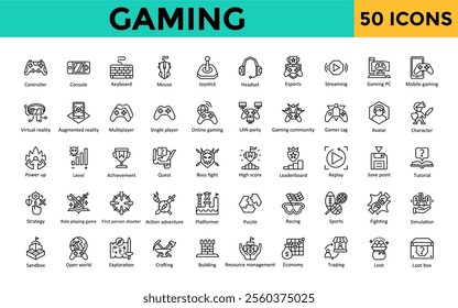 Gaming icon set with controller, console, keyboard, mouse, joystick, headset, esports, streaming, gaming pc, mobile gaming icon. Simple line vector