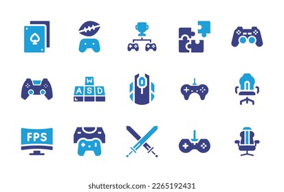 Gaming icon set. Duotone color. Vector illustration. Containing bridge, joystick, tournament, jigsaw, gamepad, controller, wasd, mouse, gamer, fps, game console, sword, gaming console, gaming chair.