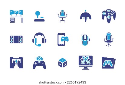 Gaming icon set. Duotone color. Vector illustration. Containing monitor screen, joystick, gaming chair, game console, gamepad, headset, mobile game, computer mouse, gaming, dice, computer, folder.