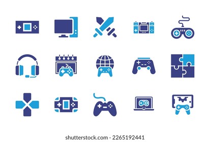 Spielsymbol eingestellt. Duotonfarbe. Vektorgrafik. Mit Gamepad, Computer, Gaming, Spielen-Controller, Kopfhörer, Kalender, Online, Puzzle, Joystick, Spielsteuerung, PC-Spiel, Online-Spiel.